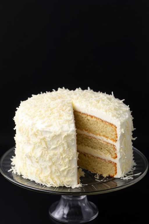 A beautifully decorated coconut cake with a fluffy white frosting and shredded coconut on top, presented on a glass cake stand, with one slice removed to reveal the layers inside, against a dark background.