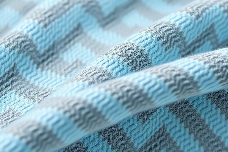 Create a high-resolution image of a textured fabric featuring a zigzag pattern in light blue and gray, shot with a Canon EOS R5 at f/2.8, ISO 100, 50mm lens, in natural light for enhanced detail and depth.