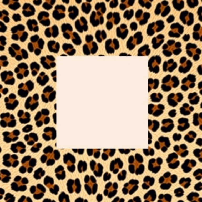 Create an image of a leopard print background with a blank square in the center, use a DSLR camera with a 50mm lens, f/1.8 aperture, ISO 100, and natural light, with a top-down view for enhanced clarity and detail.