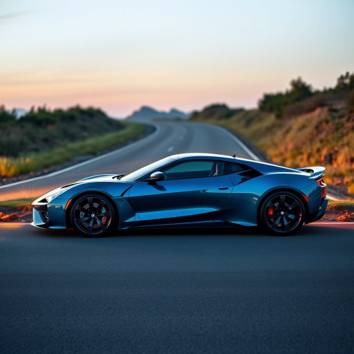 Generate an image of a luxury sports car parked on the side of a road during what appears to be dawn or dusk, given the soft light and shadows. The car should have a sleek design with aerodynamic features, a low-profile stance, and large, alloy wheels. It should display a contemporary color scheme, possibly a unique shade of blue that matches well with the ambient light in the setting. The vehicle's bodywork should gleam, reflecting the surrounding environment, and it should have distinctive lighting accents that enhance its sporty appearance. In the background, there should be a roadside with a grassy embankment on one side and possibly some trees or shrubbery along the edge of the pavement. The overall mood of the image should convey a sense of luxury, speed, and the tranquility of an early morning or late evening drive.