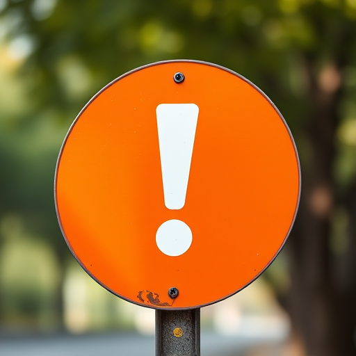 Create a vibrant orange circular warning sign with a bold white exclamation mark in the center, shot in high resolution with a DSLR camera, 50mm lens, aperture set to f/2.8, ISO 200, with soft natural lighting and a shallow depth of field.