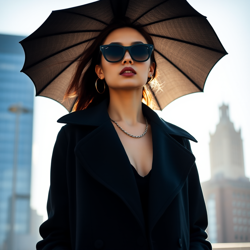 Cityscape backdrop, fashionable attractive model , wearing black shades, oversized coat, minimalist accessories, urban chic vibe, Shoot against a strong backlight using a 50mm f/1.2 lens to create a soft, silhouetted profile, highlighting the flow and transparency of the fabric