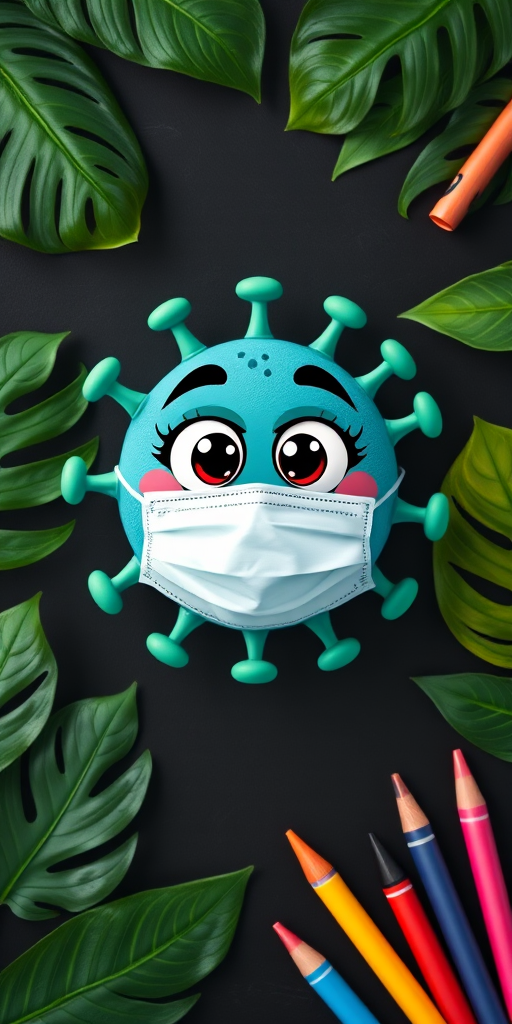 Create a cheerful cartoon virus character wearing a surgical mask with big expressive eyes, set on a black chalkboard background surrounded by tropical green leaves and colorful crayons, captured with a Canon EOS 5D Mark IV at f/2.8, ISO 200, focal length 35mm, in a bright, vibrant style.