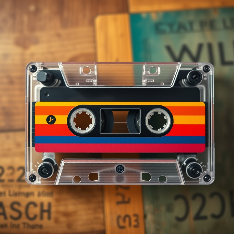 Create a high-resolution illustration of a vintage cassette tape viewed from the top, with clear details and vibrant colors, using a DSLR camera at f/2.8 aperture, 50mm lens, ISO 100, and a shallow depth of field for a soft background.