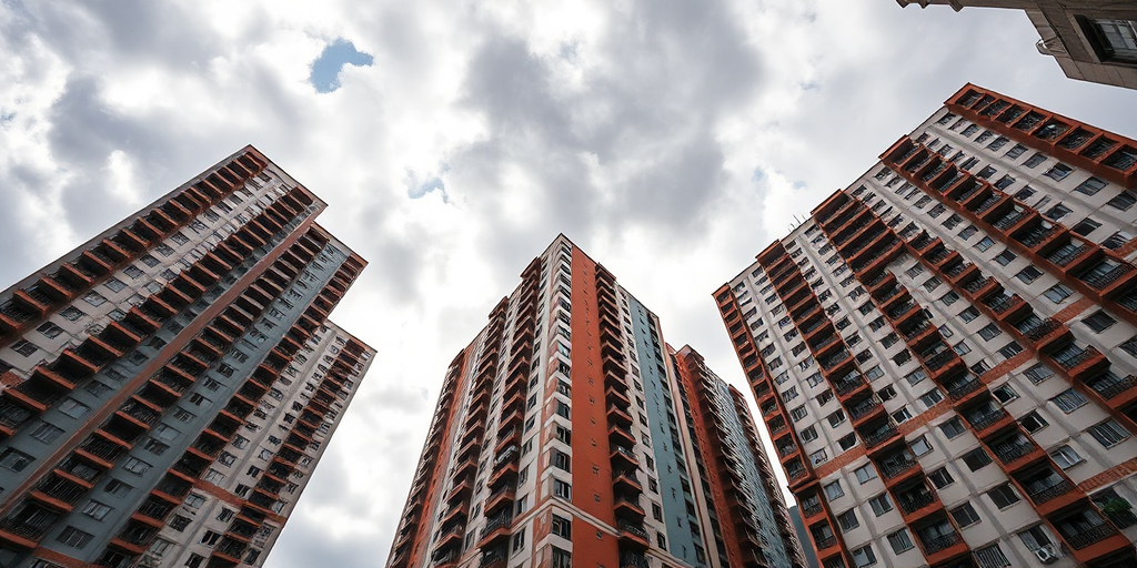a low-angle view of tall residential buildings against a cloudy sky, using a Canon EOS R5 with an aperture of f/8, shutter speed 1/250 sec, ISO 100, and a wide-angle lens for enhanced image quality
