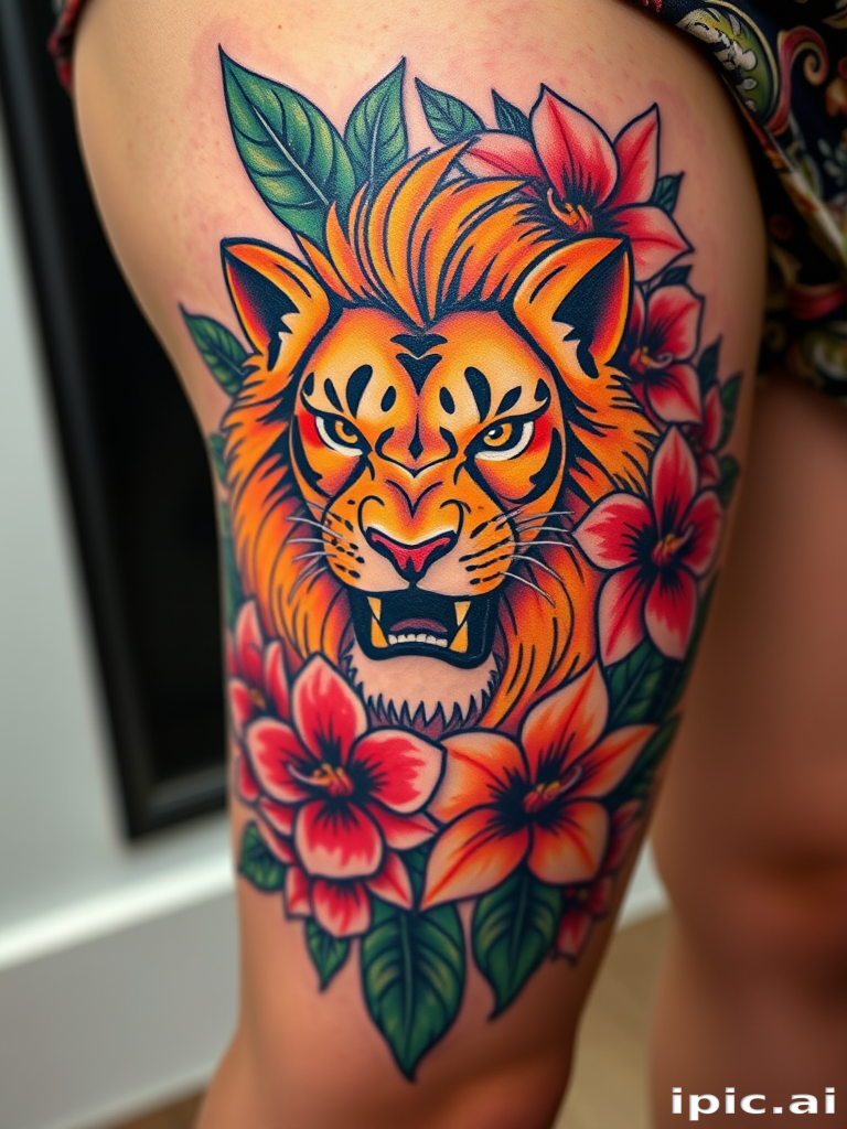 Neo-traditional tattoo of a fierce lioness surrounded by vibrant tropical flowers on the thigh, bold outlines and rich, saturated colors creating a striking contrast