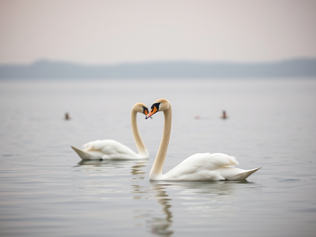 Capture a serene scene of two swans gracefully swimming in a calm water body with a soft, overcast sky in the background, using a Canon EOS R5, 85mm f/1.4 lens, ISO 200, shutter speed 1/250s, with a shallow depth of field to enhance the swans and slightly blur the background.