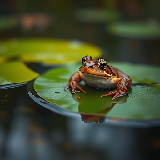 Capture a close-up of a frog resting on a lily pad in a serene pond, using a DSLR camera with an aperture of f/2.8, shutter speed of 1/250 sec, ISO 100, macro lens for enhanced detail, and shoot from a low angle to emphasize the frog's features and surroundings.