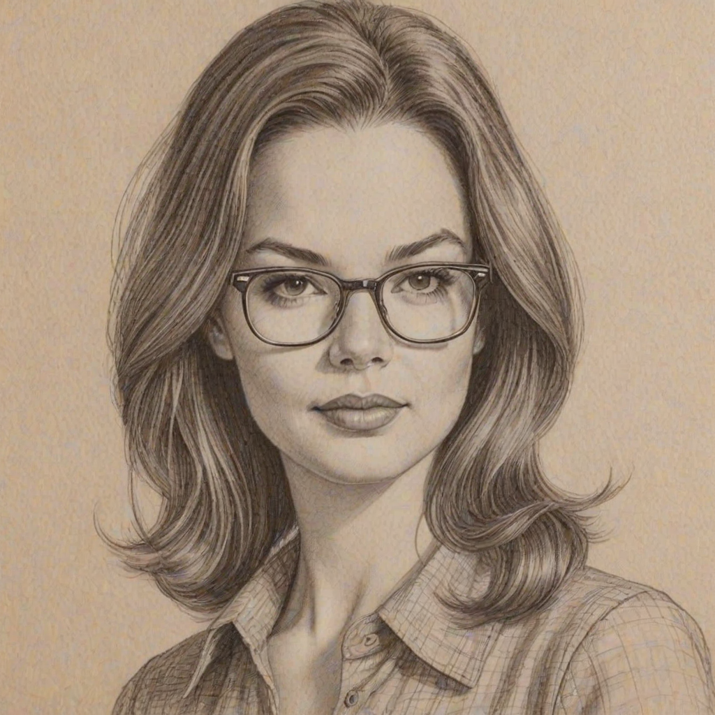 Charming Tammy Blanchard, pencil sketch, portrait of Pleasing woman 1970s in glasses, hair style beatnik, outline, clear lines, fine lines, 8k