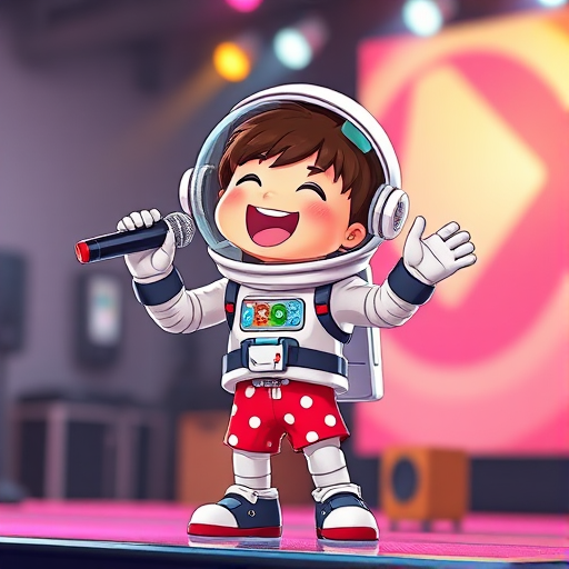 Create a vibrant illustration of a cartoon character wearing a space suit and polka dot shorts, holding a microphone and singing joyfully, shot with a Canon EOS R5 at f/1.8, 50mm lens, ISO 100, in a bright, well-lit setting with a soft focus background.