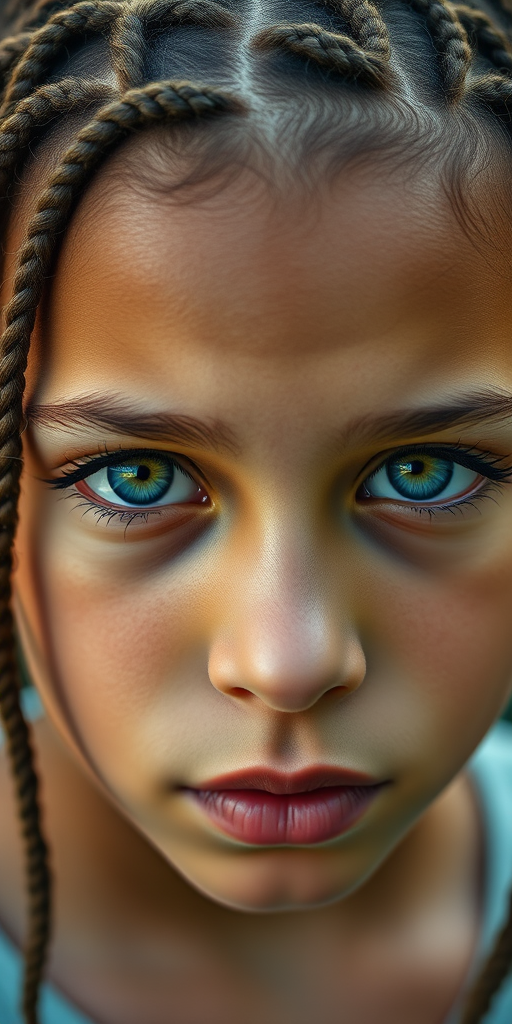 portrait of a young person with intricate braided hair and striking green eyes, shallow depth of field, 85mm lens, f/1.8 aperture, ISO 100, natural light, close-up view, DSLR camera