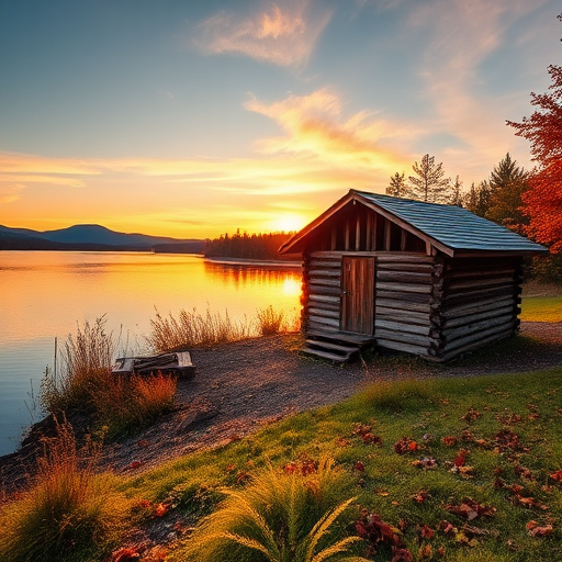 Capture a serene lakeside landscape during golden hour with a focus on a rustic wooden cabin, 24mm lens, f/8 aperture, 1/125 sec shutter speed, ISO 100, wide-angle view, DSLR camera, emphasize vibrant autumn colors and reflections on the water.