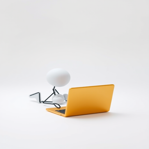 Create an image of a 3D stick figure lying on its stomach, using a golden laptop, in a minimalist style with a white background, captured with a Canon EOS R5 at f/2.8 aperture, 50mm lens, ISO 100 for sharp focus and optimal lighting.