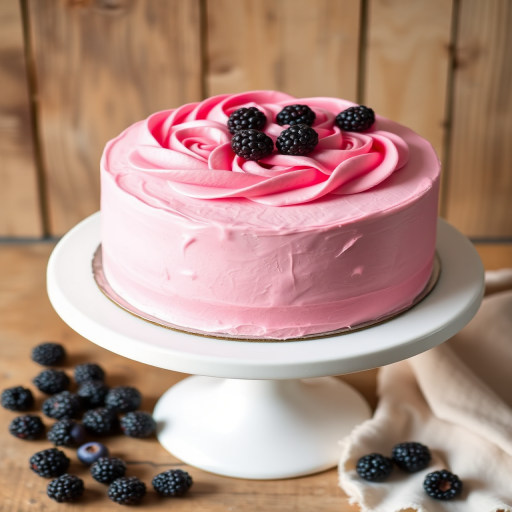 A round cake with a smooth pink frosting decorated with rose-shaped pink icing and fresh blackberries on top, placed on a white cake stand, with a rustic wooden background and a few scattered blackberries around it.