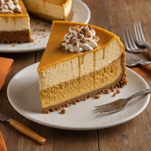 Create a delicious and visually appealing slice of layered pumpkin cheesecake. The dessert should feature distinct layers of creamy pumpkin filling and a rich crust, with a fork resting beside it. The background should be softly blurred to keep the focus on the cheesecake, enhancing its textures and colors.