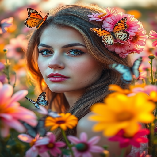 Create a serene portrait of a woman surrounded by vibrant flowers and butterflies, soft pastel colors, golden hour lighting, depth of field focusing on the woman's face, using a full-frame DSLR camera with an 85mm lens, aperture f/1.8, ISO 200, and a shallow depth of field for a dreamy effect.