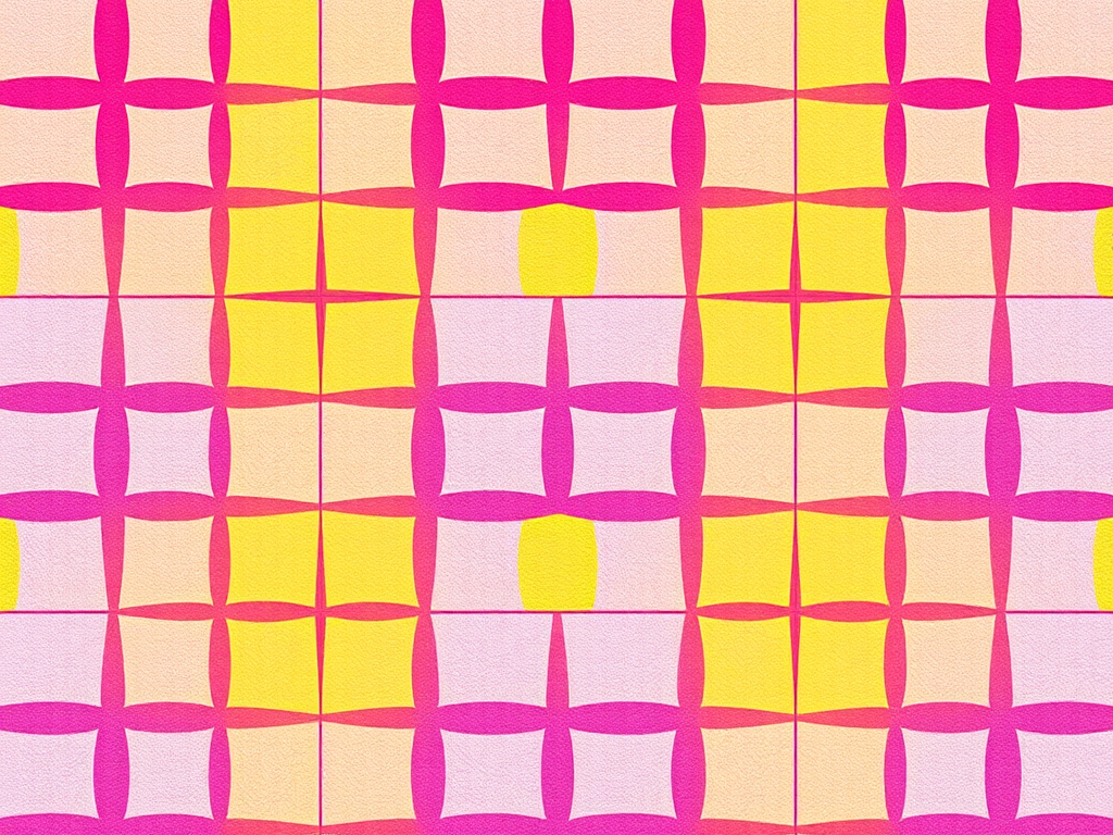 generate a vibrant geometric pattern with alternating squares in shades of pink, purple, yellow, and light blue, using a high-resolution digital camera with a 50mm lens, aperture set to f/2.8, ISO 100, and natural lighting for enhanced color depth and clarity, top-down view for a seamless tiled effect.
