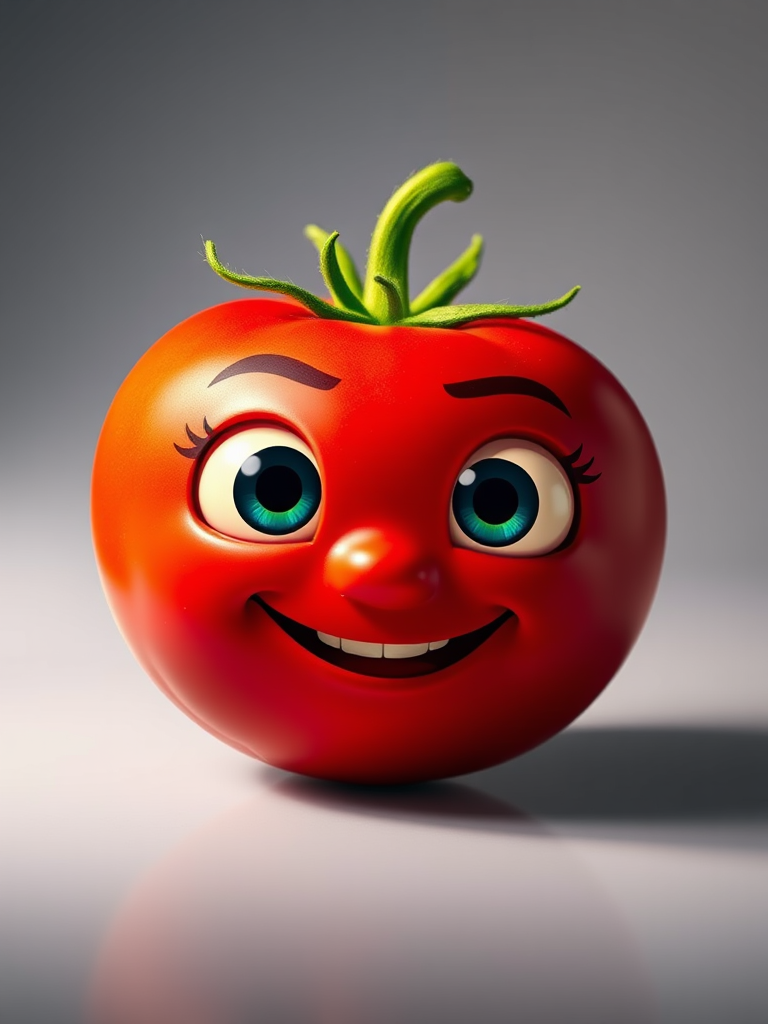 Create a vibrant cartoon-style image of a smiling tomato with big expressive eyes and a green stem, using a DSLR camera with a 50mm lens, f/1.8 aperture, ISO 100, in a well-lit studio with softbox lighting to enhance colors and details.