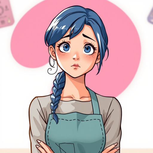Create an illustration of a woman with blue hair looking puzzled, wearing an apron, with a large pink question mark in the background, use a Canon EOS R6 camera, 50mm lens, aperture f/1.8, ISO 100, shot in natural light with a shallow depth of field for a soft background effect.