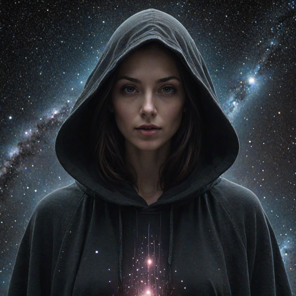 A mysterious hooded figure stands silently, the dark cloak flowing around them like shadows. Beneath the hood, their face is a mesmerizing cosmic scene where swirling galaxies, radiant stars, and vibrant planets form the features. Nebulas drift where eyes should be, glowing softly, while delicate streaks of cosmic energy trace the outlines of a nose and lips. Comets streak across the vastness of their face, and faint constellations pulse with life. The entire visage shifts and evolves as if the universe itself is contained within the figure, giving an ethereal, otherworldly presence to their form.