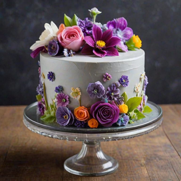 Create an elegant cake decorated with a variety of colorful flowers. The cake should have a smooth, dark background with shades of purple, grey, and white flowers artistically arranged on the sides. Use realistic textures and vibrant colors to make the flowers stand out. The cake should be displayed on a clear glass cake stand.