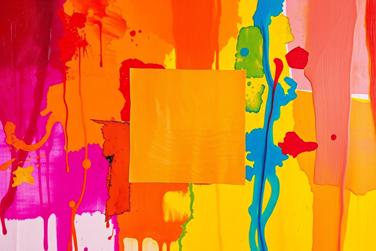 Create an abstract vibrant painting with bright colors and a central blank square, captured with a DSLR camera using a 50mm lens, aperture f/1.8, ISO 100, at a high dynamic range, soft focus, and saturation enhancements.