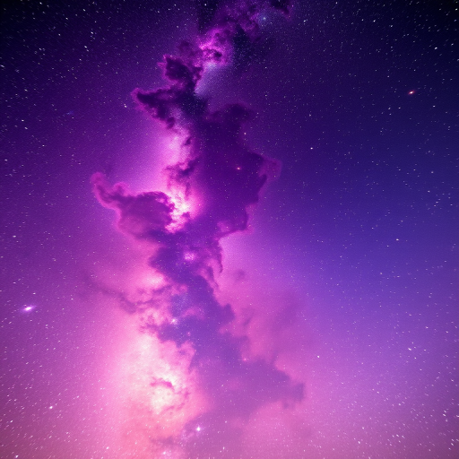 Generate a vibrant cosmic scene featuring a swirling cloud of stars and nebulae in shades of purple, pink, and gold, using a digital camera with a wide-angle lens, f/2.8 aperture, ISO 100, 20-second exposure, captured from a low angle to emphasize depth and scale.