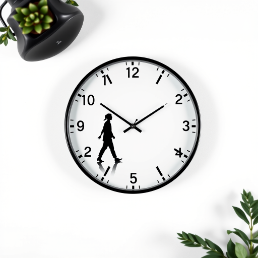 Design a digital artwork of a wall clock featuring a silhouette of a person walking, with a clean white background and bold black clock hands, set in a 1080p resolution, using a DSLR camera with a 35mm lens, aperture f/4, shutter speed 1/60 sec, and ISO 200, capturing a flat lay perspective.