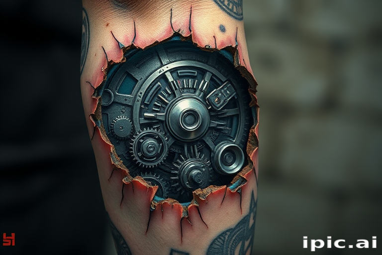Surrealistic biomechanical tattoo on the arm revealing metallic gears and circuitry beneath torn skin with hyper-realistic details and a futuristic color palette