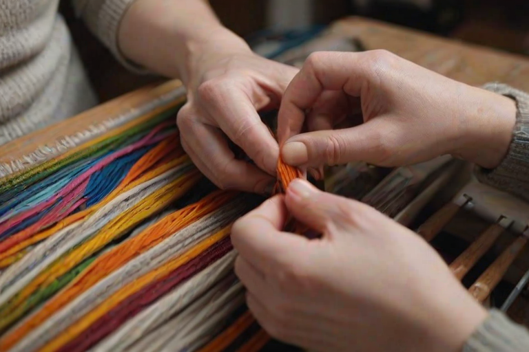 Artistic close-up of a woman's hands weaving fabric, vibrant threads intertwining, showcasing her skill and creativity in a warm, inviting studio.