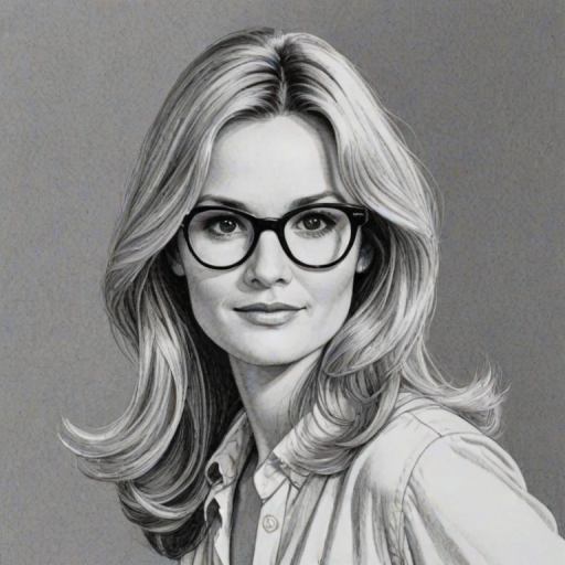 Charming Bonnie Somerville, pencil sketch, portrait of Lovely woman 1970s in glasses, hair style beatnik, outline, clear lines, fine lines, 8k