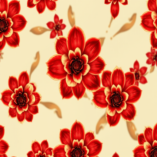 Generate a vibrant floral pattern featuring intricate red and cream flowers with spiral centers against a soft, swirling background; use a macro lens for close-up detail, aperture set to f/4 for depth of field, a resolution of 300 DPI for high quality, and employ digital art techniques for a smooth finish.