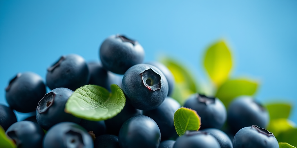 high-resolution macro photograph of fresh blueberries with green leaves floating against a blue gradient background, using a Canon EOS 5D Mark IV with a 100mm f/2.8L Macro IS USM lens at f/4, ISO 100, 1/200s, soft focus background, natural light from a window