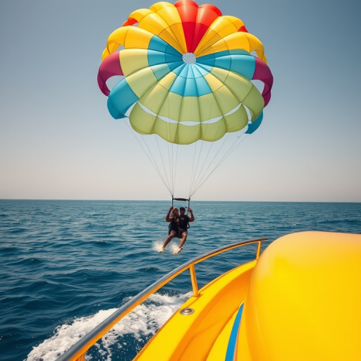 Capture a vibrant parasailing scene over calm blue waters with a bright, colorful parachute, a sleek yellow boat in the foreground, use a DSLR camera with a 24mm lens, aperture f/8, shutter speed 1/1000s, ISO 200, and a wide-angle shot to enhance clarity and detail.