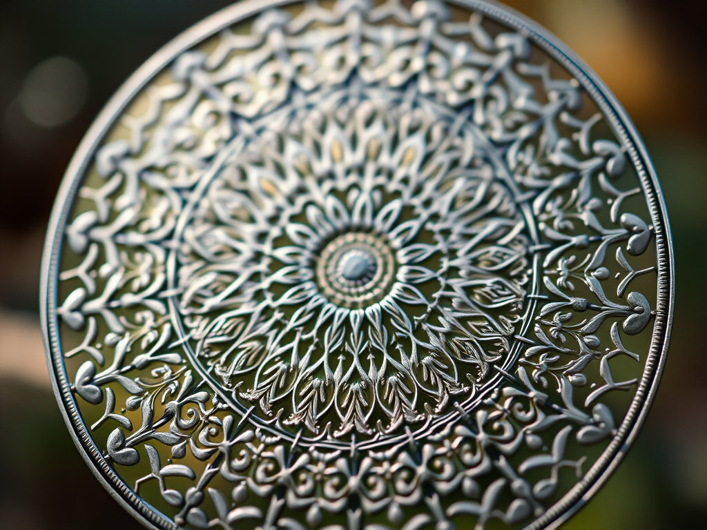 Create a high-resolution image of an artistic circular pattern with intricate designs, using a Canon EOS R5 camera, 50mm lens, f/1.8 aperture, ISO 100, at a shallow depth of field for enhanced detail and clarity, shot in natural lighting with a soft focus background.
