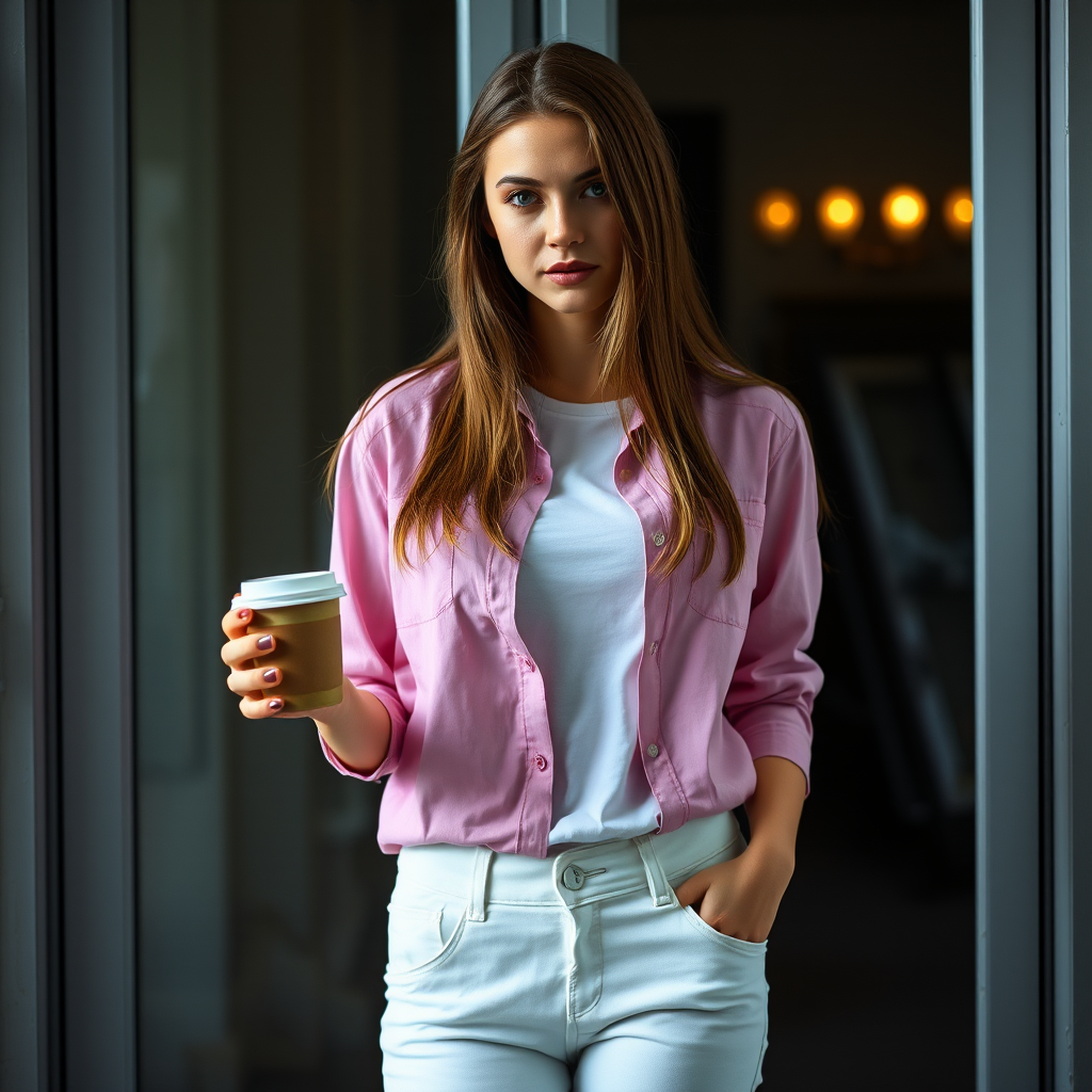 A young woman with long brown hair stands with her back against a glass door, wearing a pink button-down shirt over a white T-shirt and white pants, holding a cup of coffee in her right hand. The woman is looking directly at the viewer, her expression is neutral. Her right hand is tucked into the pocket of her pants while her left hand holds the coffee cup. The lighting is soft and natural, highlighting her features. The background is blurred, with the focus on the woman. The photo is taken from a slightly elevated perspective, showcasing the woman's full figure.