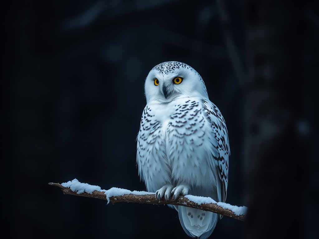 Regenerate a close-up image of a snowy owl perched on a branch in a dark forest setting, using a Canon EOS R5 camera with a 50mm f/1.2 lens, ISO 400, aperture f/1.8, shutter speed 1/200s, and soft focus for a dramatic effect.