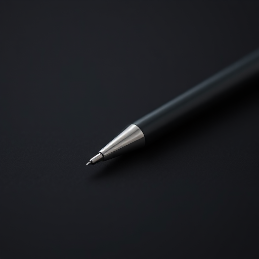 Generate a high-resolution image of a simple black and grey pen on a plain black background, using a macro lens at f/2.8, ISO 100, shutter speed 1/125s, in a soft natural light setting.