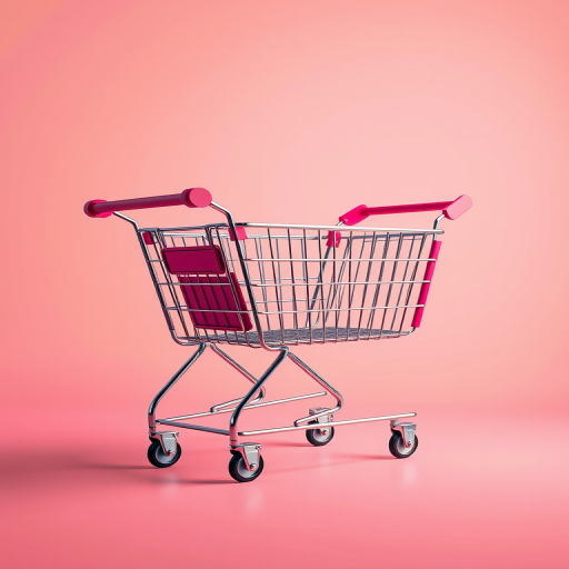 create a vibrant and dynamic illustration of a shopping cart with bold colors, using a wide-angle lens at f/4 for a shallow depth of field, in a studio setting with soft diffused lighting to enhance the image quality and produce a clean, modern look