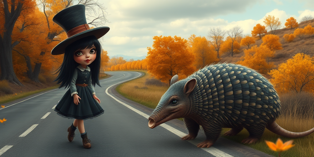digital art fantasy depicting a strange girl with black hair, long eyelashes, orange lipstick and a tall hat walking along a winding road on an autumn afternoon, an armadillo smiles as he passes