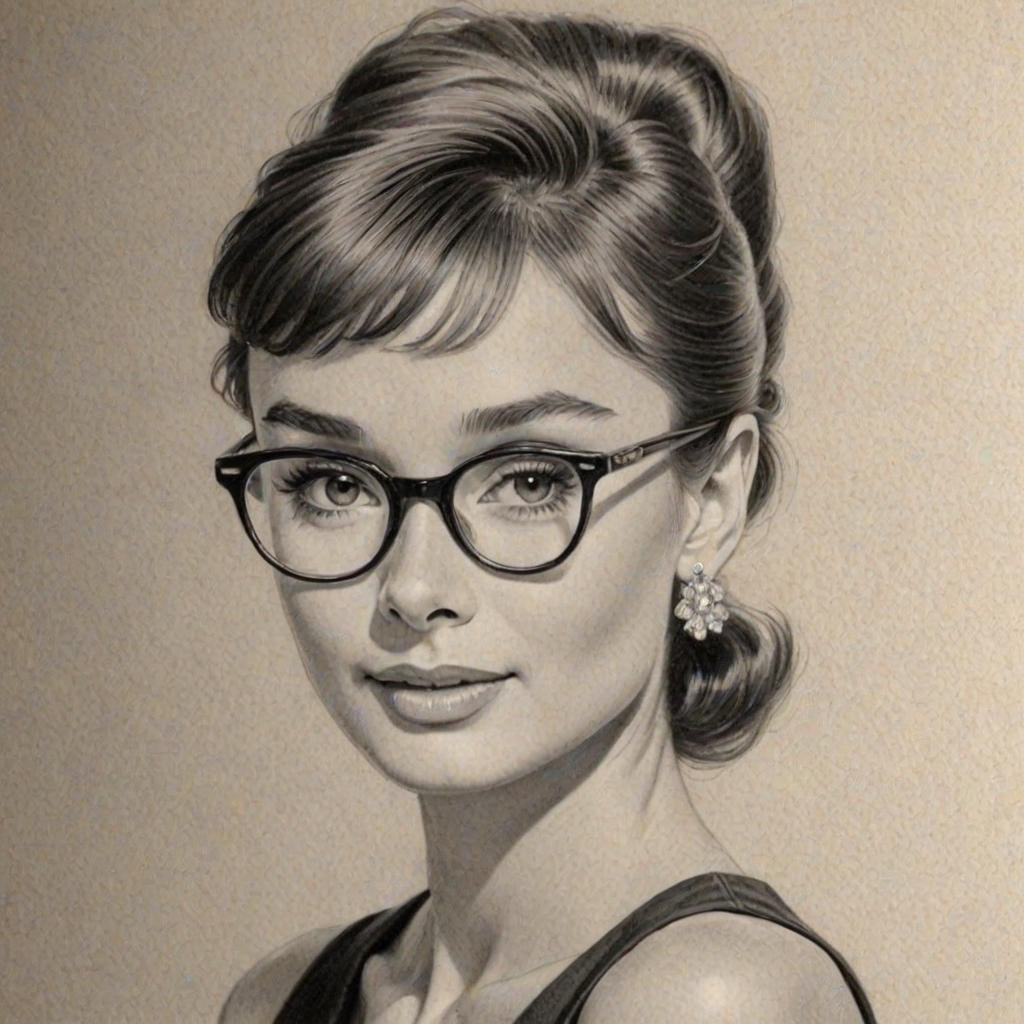Fascinating Audrey Hepburn, pencil sketch, portrait of Comely woman 1934s in glasses, hair style beatnik, outline, clear lines, fine lines, 8k