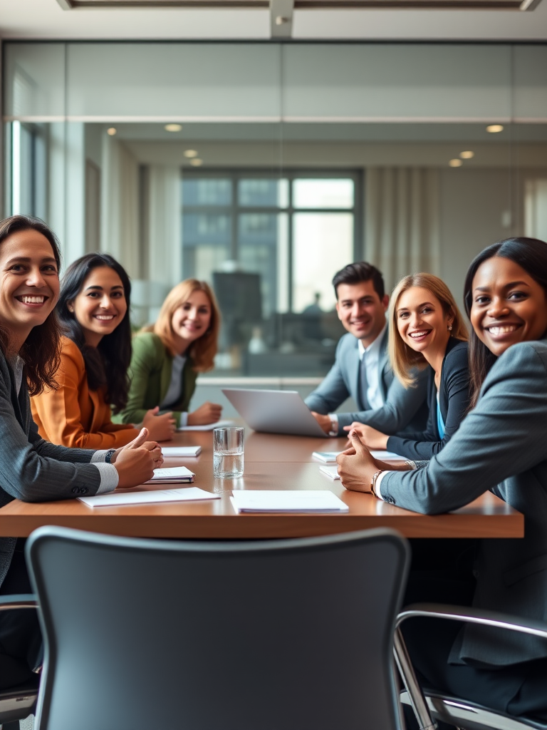 Generate a professional business meeting scene with six diverse professionals sitting around a conference table, capturing smiles and engagement, with a shallow depth of field, 50mm lens, f/2.8 aperture, ISO 200, shot in natural light for clarity and warmth.
