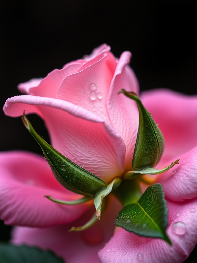 Capture a macro shot of a pink rose with water droplets on its petals, using a Canon EOS 5D Mark IV, ISO 100, aperture f/2.8, shutter speed 1/200 sec, natural lighting, shallow depth of field, focusing on the intricate details of the petals and leaves against a dark blurred background.