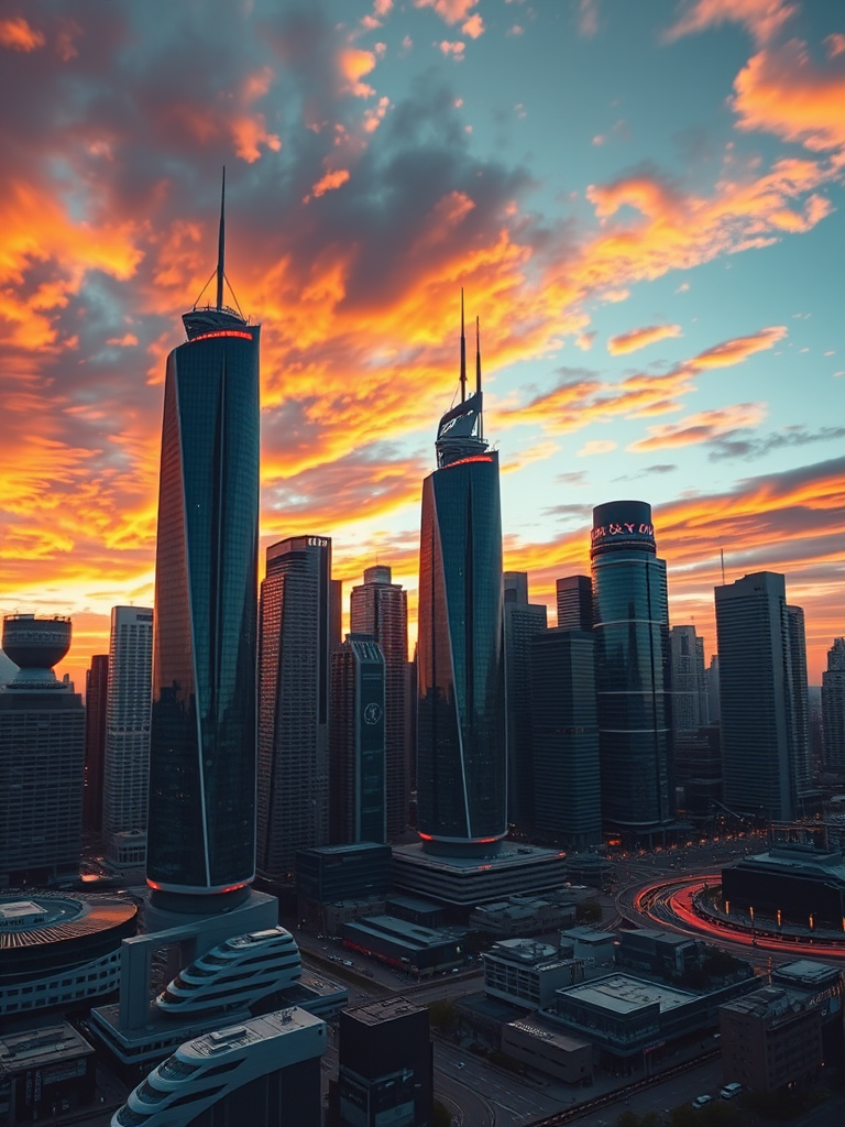 Generate a high-resolution image of a futuristic city skyline at sunset with vibrant colors and dynamic clouds, using a Canon EOS R5 with an 85mm f/1.2 lens, shot from a low angle to emphasize the towering buildings, and set the ISO to 100, aperture at f/11, and shutter speed to 1/60 sec for optimal exposure.