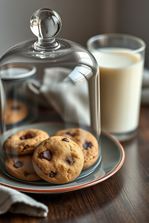 Create an image of a plate with cookies under a glass dome next to a glass of milk, using a DSLR camera with a 50mm lens, aperture f/2.8, ISO 100, focal length 50mm, natural lighting, and a shallow depth of field for enhanced focus on the cookies and milk.