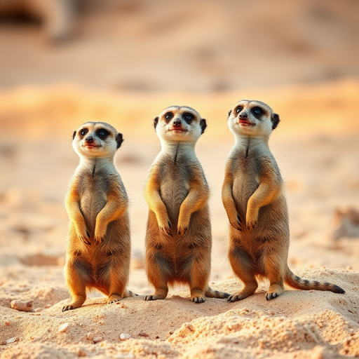 Regenerate the image of three meerkats standing on sand under soft natural light, with a Canon EOS 5D Mark IV, 24mm lens, at f/2.8, ISO 200, shutter speed 1/125s, using a shallow depth of field to emphasize the subjects and a warm color tone.