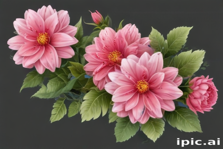 Elegant Pink Flowers with Lush Green Leaves Against a Dark Background