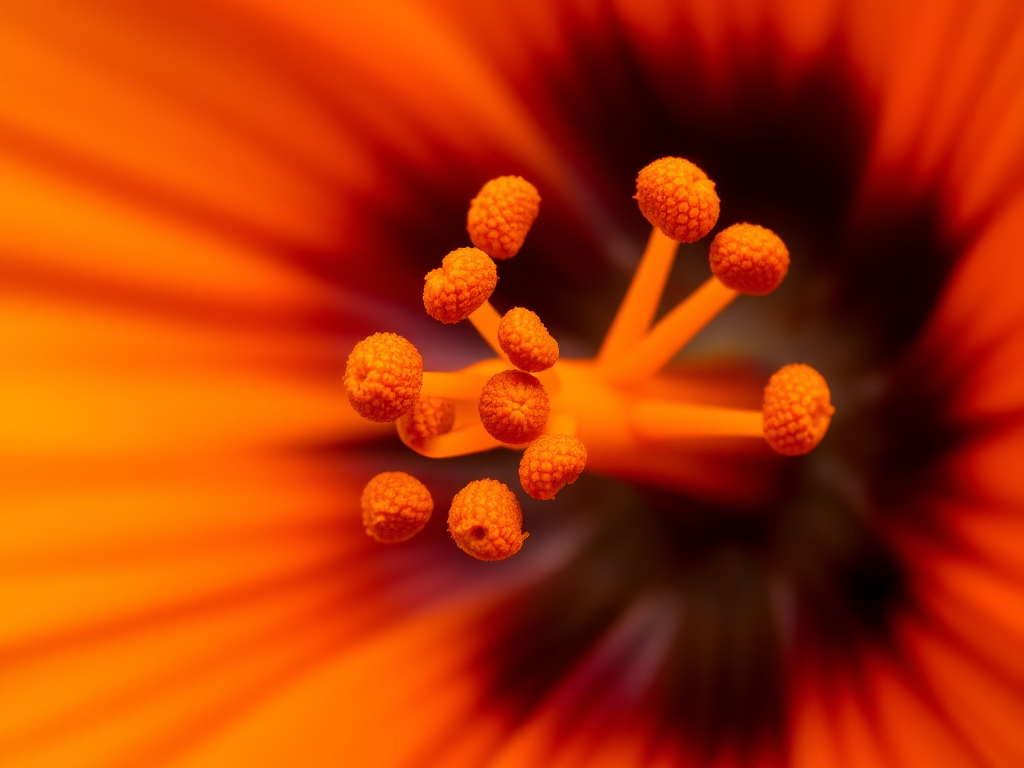 macro shot of an orange flower with detailed focus on stamen and pistil, aperture f/2.8, ISO 100, shutter speed 1/200s, taken with a DSLR camera, natural lighting, close-up view