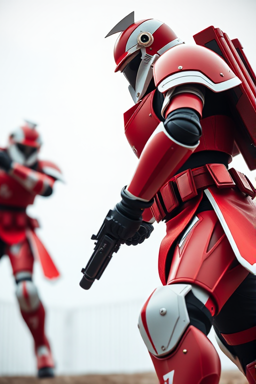 Create an image of two red and white armored soldiers in a dynamic pose, using a DSLR camera with a 50mm lens, aperture set to f/2.8, ISO 100, and a shutter speed of 1/200 sec, captured from a low angle to emphasize their stature, with soft, diffused lighting to enhance details and colors.