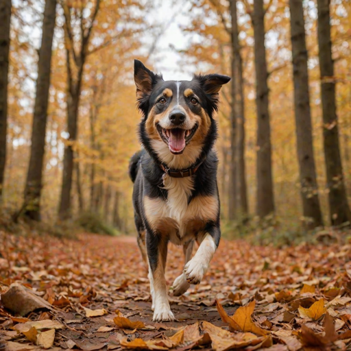 A happy dog running through a forest path during autumn with vibrant leaves, captured with a DSLR camera, 50mm lens, f/2.8 aperture, ISO 200, shutter speed 1/500s, low angle view, soft focus background for dramatic effect.